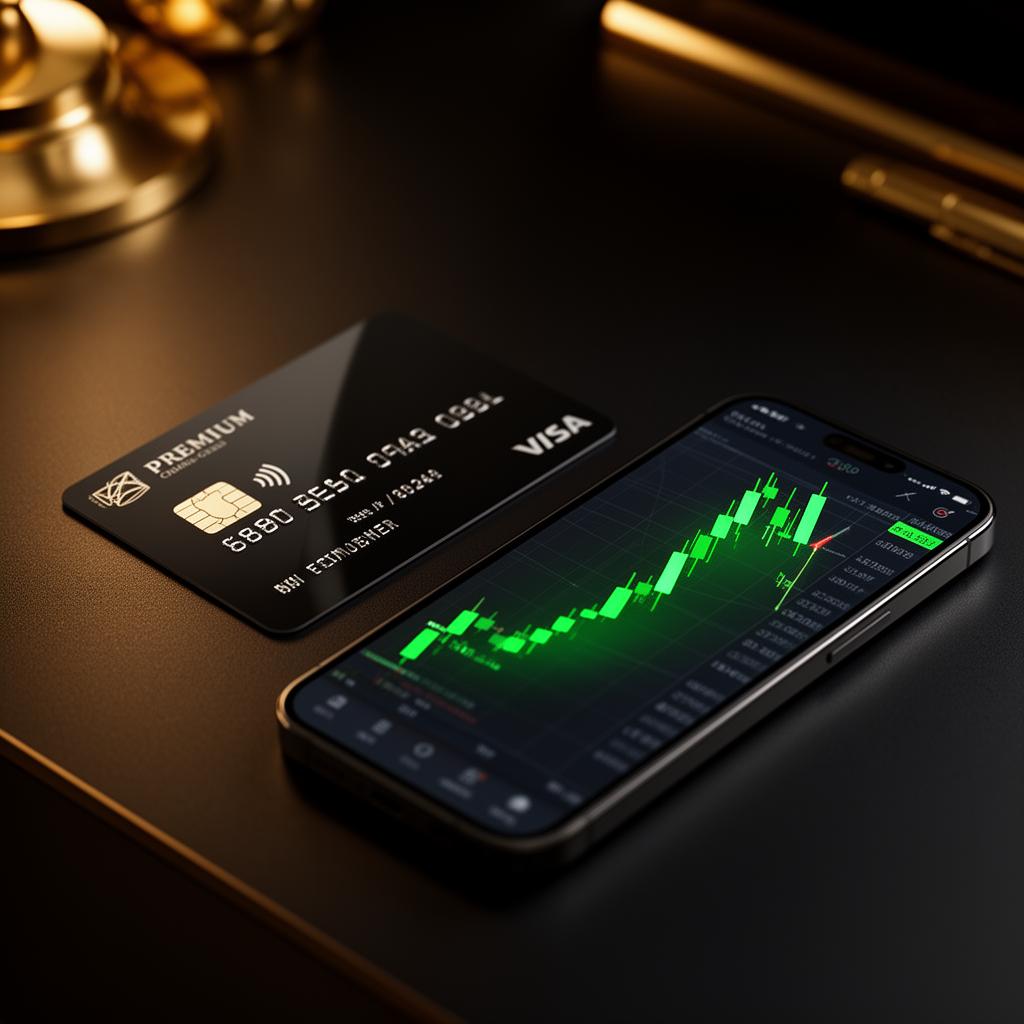 Premium credit card and smartphone showing live trading chart
