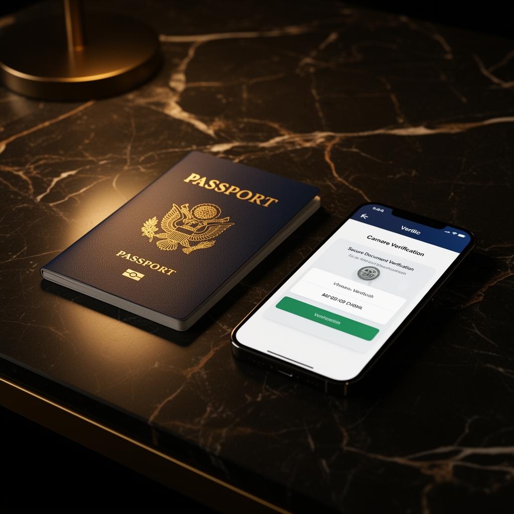 Passport and smartphone displaying secure identity verification